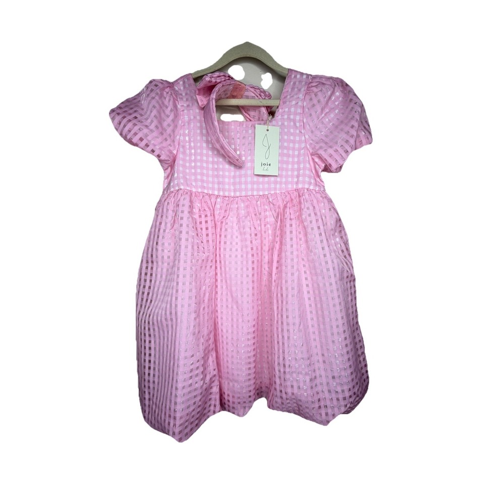 NWT Joie Kids Pink Gingham Puff Sleeve Back Bow Dress - Size 8